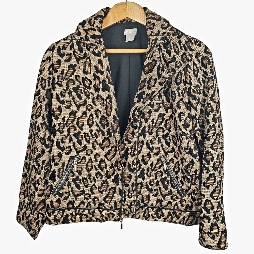 Chico's Animal Print Moto Jacket - Black and Tan. 0P / 4/6 P. #0185